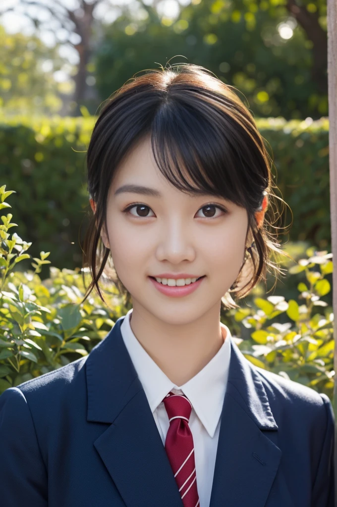 1 Girl, (White collared shirt and long red tie, Navy blue jacket:1.3), Very beautiful Japanese idol portraits, 
(RAW Photos, Highest quality), (Realistic, Photorealistic:1.4), (masterpiece), 
Very delicate and beautiful, Very detailed, 2k wallpaper, wonderful, finely, Very detailed CG Unity 8K 壁紙, Very detailedな, High resolution, Soft Light, 
Beautiful detailed girl, Very detailed目と顔, Beautiful and detailed nose, finelyて美しい目, Cinema Lighting, 
(in the garden:1.3),
(short hair), (Parted bangs), 
Complete Anatomy, Slender body, Small breasts, smile