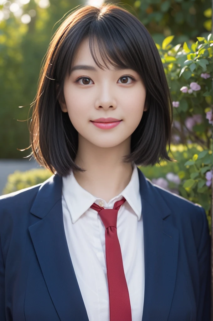 1 Girl, (White collared shirt and long red tie, Navy blue jacket:1.3), Very beautiful Japanese idol portraits, 
(RAW Photos, Highest quality), (Realistic, Photorealistic:1.4), (masterpiece), 
Very delicate and beautiful, Very detailed, 2k wallpaper, wonderful, finely, Very detailed CG Unity 8K 壁紙, Very detailedな, High resolution, Soft Light, 
Beautiful detailed girl, Very detailed目と顔, Beautiful and detailed nose, finelyて美しい目, Cinema Lighting, 
(in the garden:1.3),
(short hair), (Parted bangs), 
Complete Anatomy, Slender body, Small breasts, smile