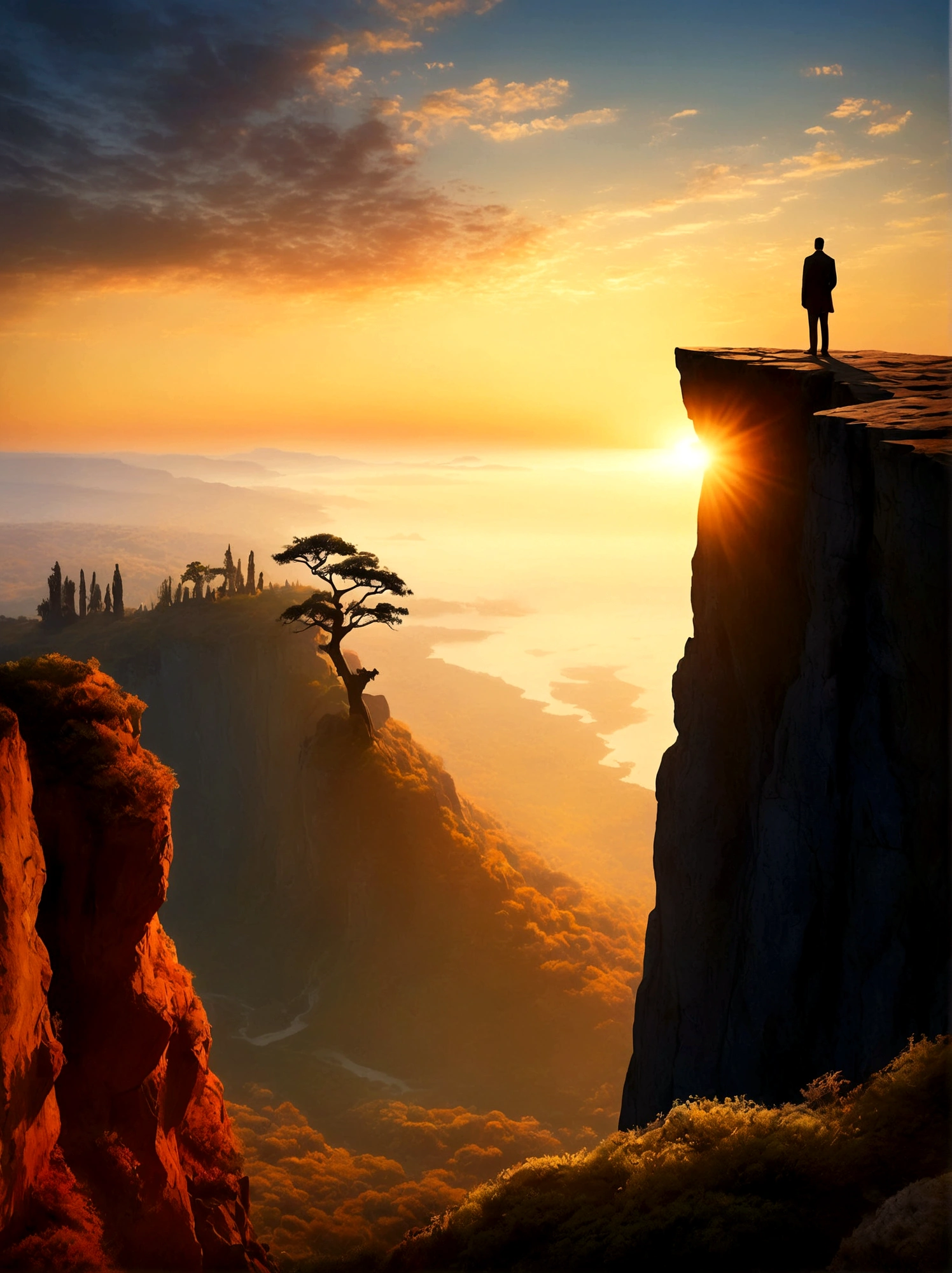 Create a visual representation of a solitary figure on a cliff during sunrise, The individual stands tall in awe and wonder under the expansive sky, their silhouette a stark contrast against the vibrantly colored morning light, They are in a deep state of contemplation, the serene atmosphere around them speaks of tranquility and solitude, The perspective is from a wide-angle view emphasizing the immense scope of the breathtaking landscape filled with natural elements, The image should evoke a sense of drama and magnitude with the effective use of light and shade.