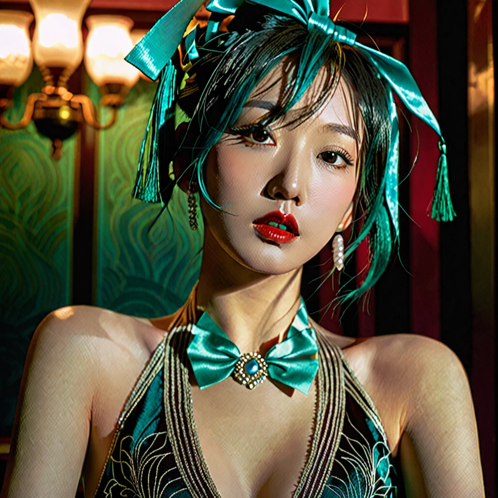 hatsune miku,1920s shanghai,mistress,private brothel,decadent atmosphere,prostitute women,dutch angle,2.5d,beautiful detailed eyes,beautiful detailed lips,extremely detailed eyes and face,long eyelashes,elegant dress,moody lighting,dramatic shadows,rich color palette,cinematic composition,dramatic poses,intricate details,photorealistic,masterpiece,high quality,ultra-detailed,realistic,vivid colors