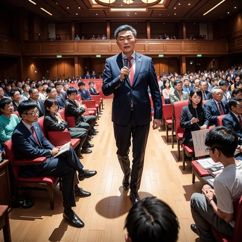 Create an image featuring a confident middle-aged Taiwanese man giving a speech at the chairman's seat in a grand hall. The man ...