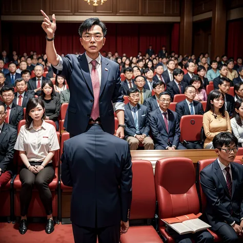 Create an image featuring a confident middle-aged Taiwanese man giving a speech at the chairman's seat in a grand hall. The man ...