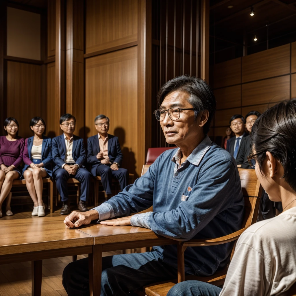 Scenes：Great Hall
, figure：一位背向鏡頭的middle Aged台灣男士
, Age：middle Aged
, appearance：short hair / wear glasses
, clothing：Fashionable young clothes
, attitude：Speech from the chair
, emotion：confidence
, audience：There are many Taiwanese people in the audience at the Great Hall.