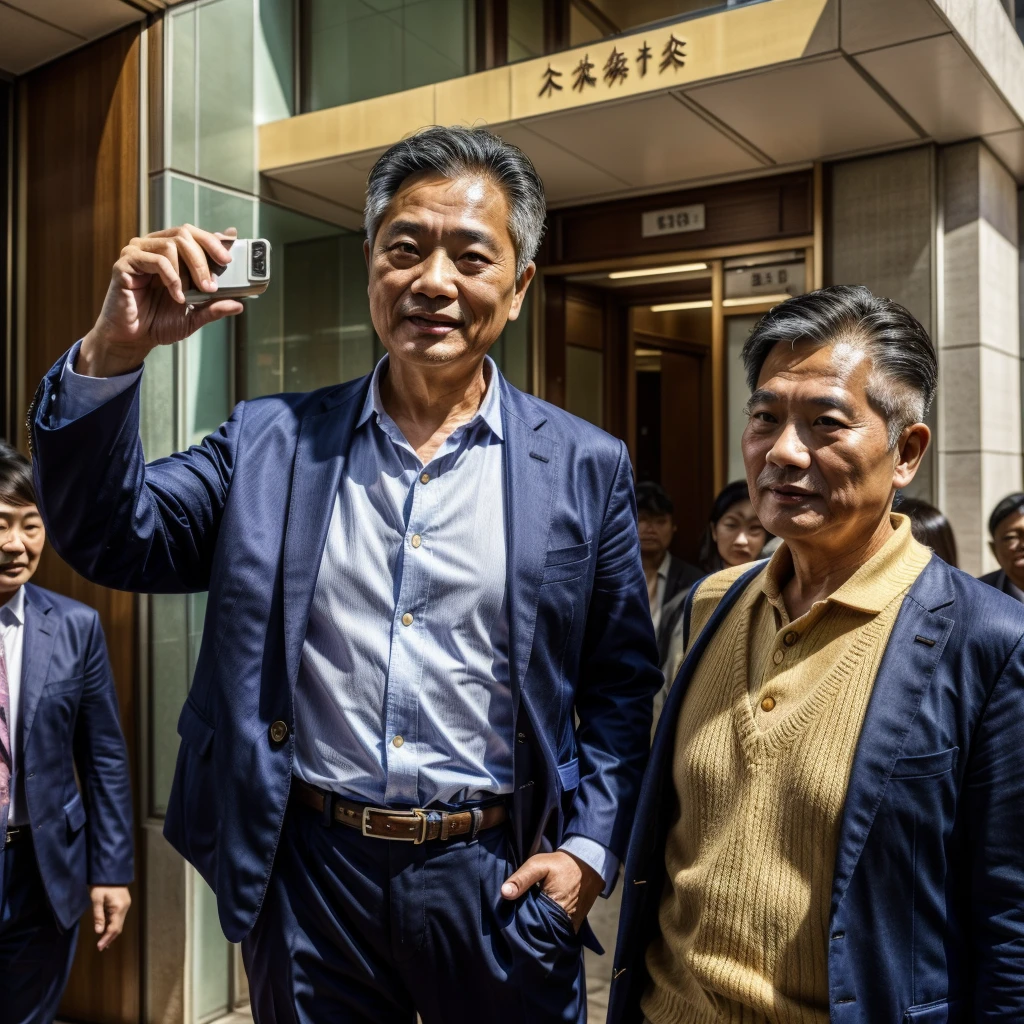 Scenes：City hall figures：A middle-aged Taiwanese man with his back to the camera：Middle-aged appearance：Taiwanese characteristic clothing：Fashionable and youthful clothing attitude：Emotional speech from the chairman&#39;s seat of a large company：confident audience：There are many Taiwanese employees and audiences in large companies