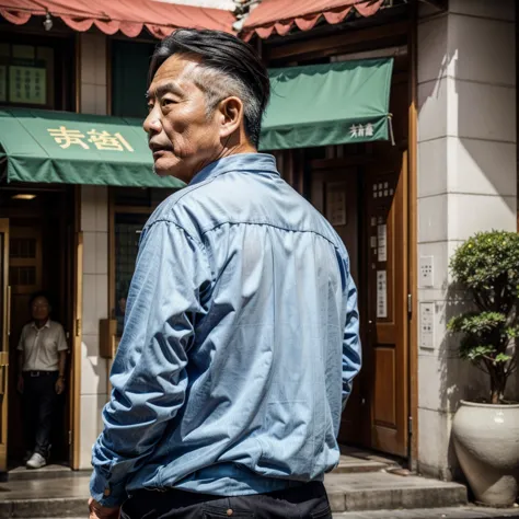 Scenes：City hall figures：A middle-aged Taiwanese man with his back to the camera：Middle-aged appearance：Taiwanese characteristic...