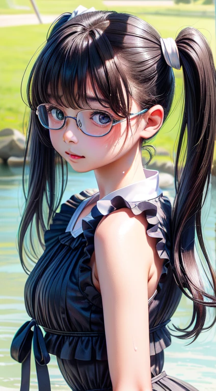 High resolution, Highest quality,  super high quality, Very detailed, 8K、Swimwear、、Embarrassing、Sweaty、Sweat、Embarrassing、(masterpiece:1.2, Highest quality), (Realistic, photoRealistic:1.4), Beautiful illustrations, (Natural Side Lighting, Cinema Lighting), View your viewers, whole body, 1 Girl, Japanese, high school girl, Perfect Face, Cute and symmetrical face, Shiny skin, Baby Face, (Twin tails,Black Hair), Hair between the eyes, black eye, Big eyes, Droopy eyes, (Center of chest, Captivating thighs, Big Ass)、(Glasses:1.2)