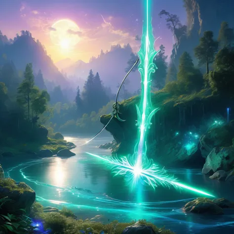 imagine a fantasy medieval bow resting on a rock by the edge of an enchanted river, its presence radiating an aura of ancient ma...