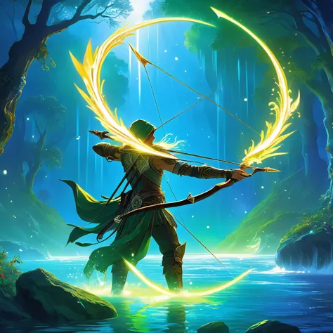 imagine a fantasy medieval bow resting on a rock by the edge of an enchanted river, its presence radiating an aura of ancient ma...