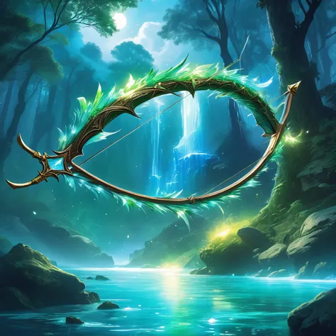 imagine a fantasy medieval bow resting on a rock by the edge of an enchanted river, its presence radiating an aura of ancient ma...