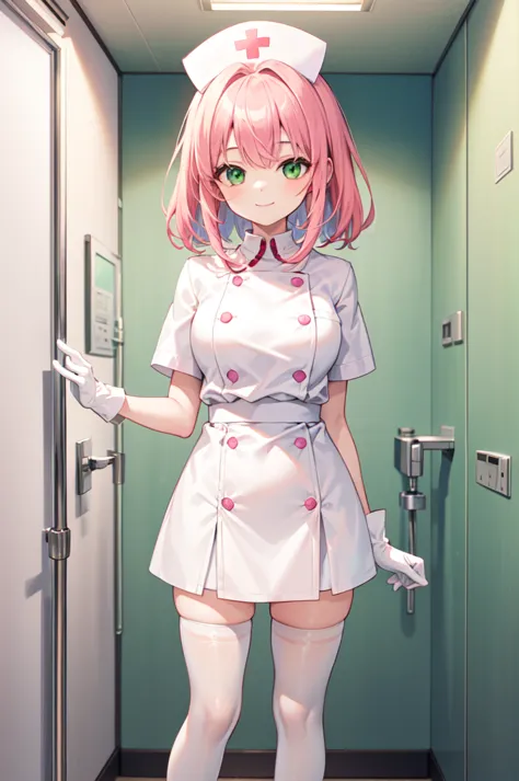 1girl, solo, nurse, white nurse cap, white nurse uniform, ((white legwear, zettai ryouiki)), white gloves, pink hair, green eyes...