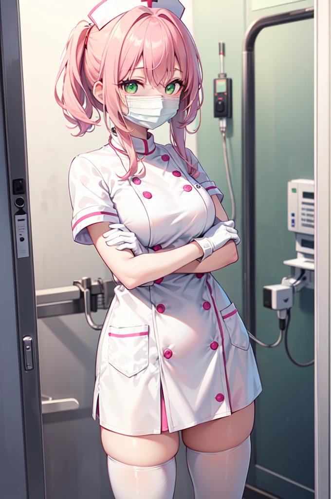 1girl, solo, nurse, white nurse cap, white nurse uniform, ((white legwear, zettai ryouiki)), white gloves, pink hair, green eyes, drooping eyes, ((white surgical mask, covered nose)), standing, ((hospital room)), sharp outline, short sleeves, best quality, masterpiece