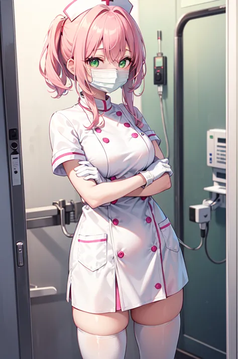 1girl, solo, nurse, white nurse cap, white nurse uniform, ((white legwear, zettai ryouiki)), white gloves, pink hair, green eyes...