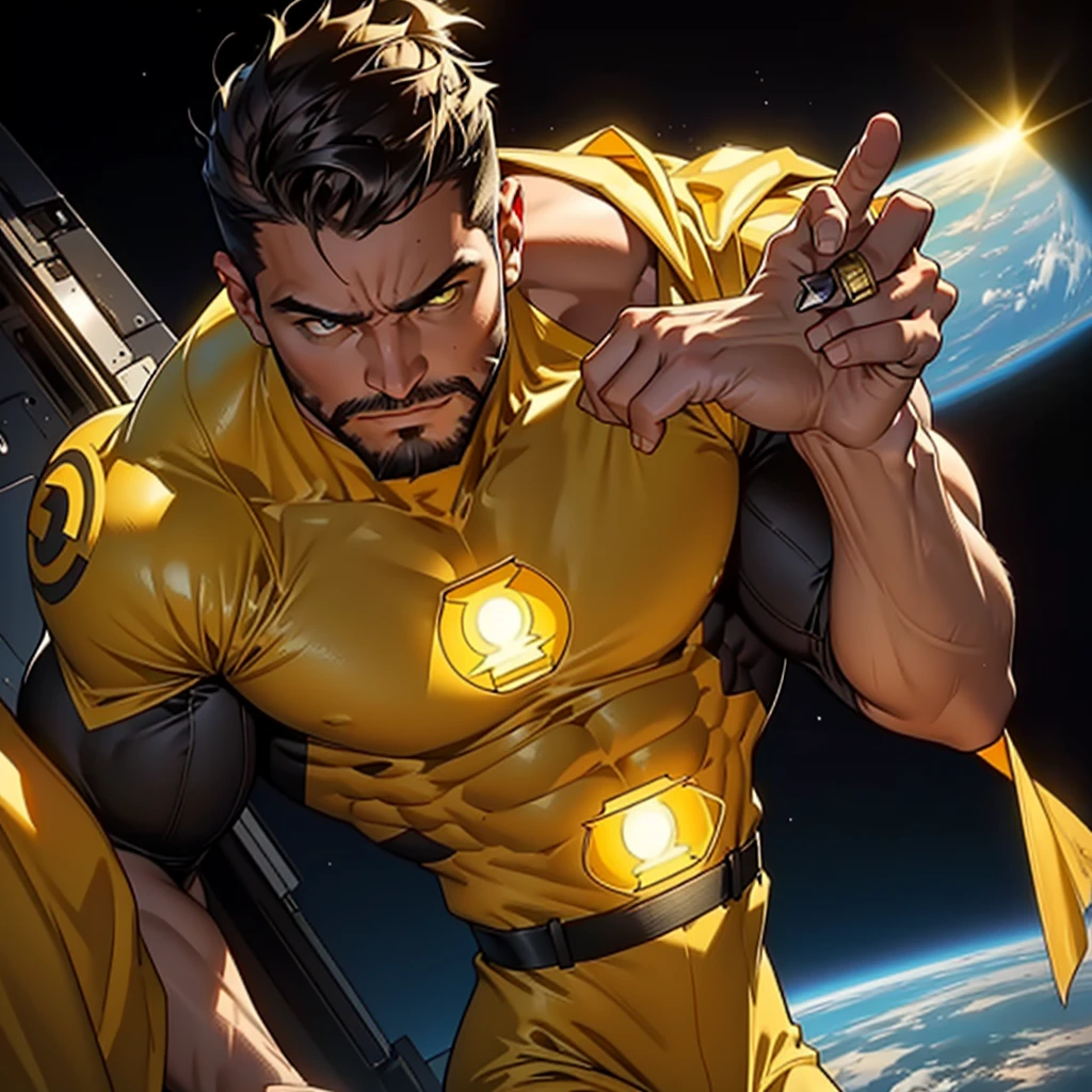 An award-winning original photo，A wild muscular man, (30 years old man:1.3), 1boy, Solo, (wearing a (yellow lantern) metal suit), (yellow ring on a finger), spikes, neon stripes, black hair, (big shoulder), muscular, hunk, stubbles, Short beard, (Detailed face:1.3), (beautiful eyes:1.2), really angry, Dynamic Angle, volumetric lighting, (Best quality, A high resolution, Photorealistic), Cinematic lighting, Masterpiece, RAW photo, Intricate details, hdr, depth of field, knee-up shot, in space background