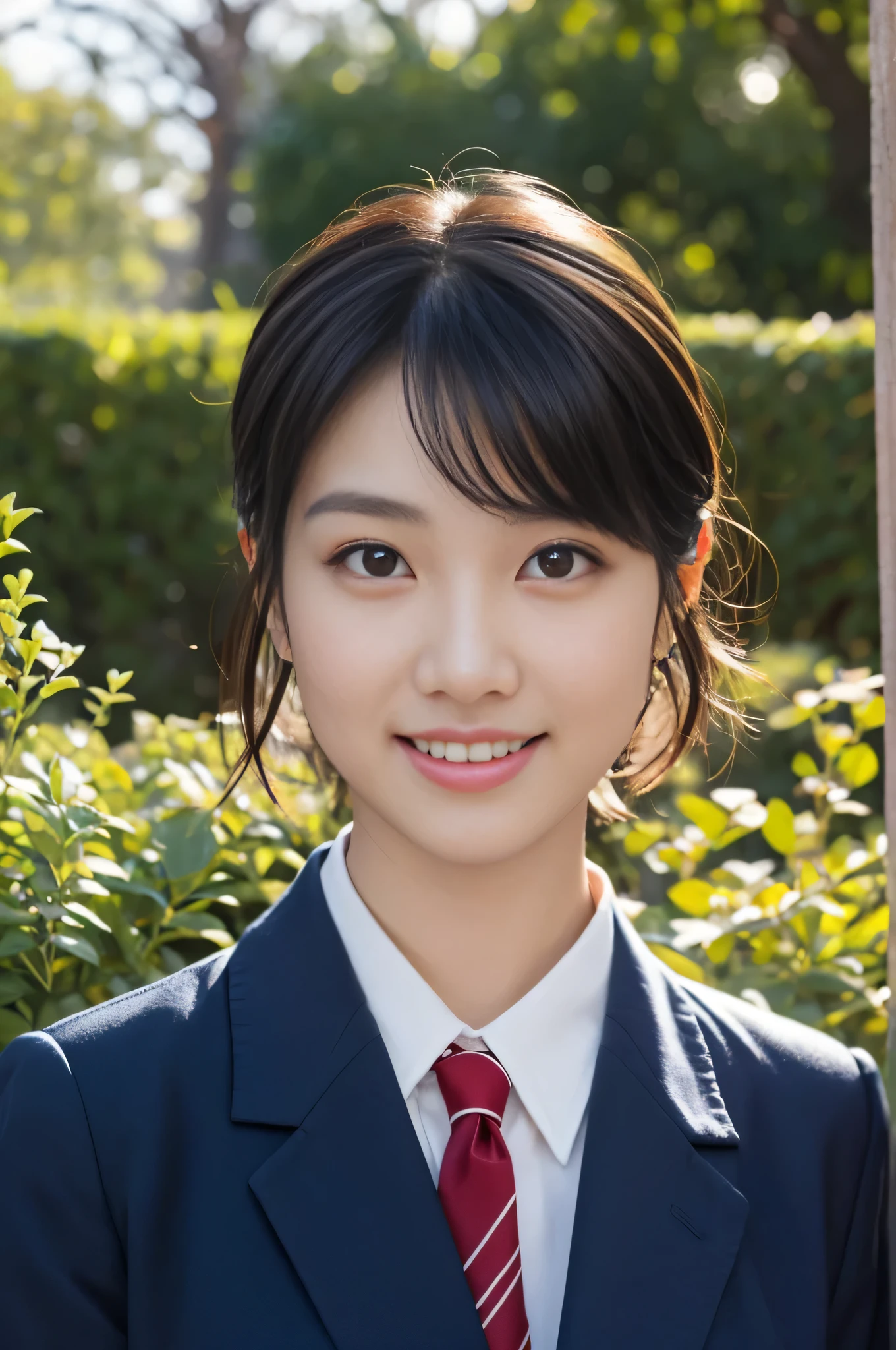 1 Girl, (White collared shirt and long red tie, Navy blue jacket:1.3), Very beautiful Japanese idol portraits, 
(RAW Photos, Highest quality), (Realistic, Photorealistic:1.4), (masterpiece), 
Very delicate and beautiful, Very detailed, 2k wallpaper, wonderful, finely, Very detailed CG Unity 8K wallpaper, Very detailedな, High resolution, Soft Light, 
Beautiful detailed girl, Very detailed目と顔, Beautiful and detailed nose, Finely beautiful eyes, Cinema Lighting, 
(in the garden:1.3),
(short hair), (Parted bangs), 
Complete Anatomy, Slender body, Small breasts, smile