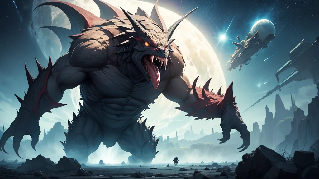 Giant Monsters, Looking up at nature, Clear sky, Menacing monsters, Fictional monsters,Terrifying monsters, A well-formed monster, destruction, hell, Super-giant creature, Stylish monster, Monster with mouth wide open, Space in the mouth, Aerial perspective, Space behind the mouth