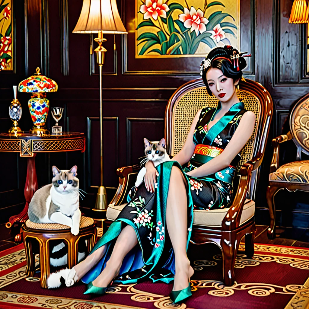 1920s shanghai, geisha miku, opulent courtesan, opulent interior, decadent atmosphere, surrounding courtesans, dutch angle, 2.5D, long cigarette holder, siamese cat on lap, rattan chair, crossed legs, languid expression, (best quality,4k,8k,highres,masterpiece:1.2),ultra-detailed,(realistic,photorealistic,photo-realistic:1.37),HDR,UHD,studio lighting,ultra-fine painting,sharp focus,physically-based rendering,extreme detail description,professional,vivid colors,bokeh,portraits,concept artists,chiaroscuro,warm colors,dramatic lighting