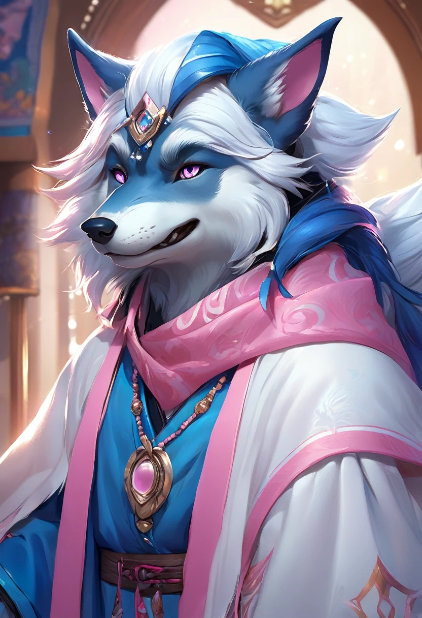 (masterpiece:1.4),(best quality:1.4),((Detailed facial features)),Wolf，male，Mage Clothing，robe，Blue and white fur，Glasses，Orcs，Orcs脸，delicate and pretty，Wolf脸，cute，Young，Introvert，精灵Wolf，Facial details，happy，Smile，Pink white ears，Light blue bangs，Dark blue ears，Pink and white inside of the ear