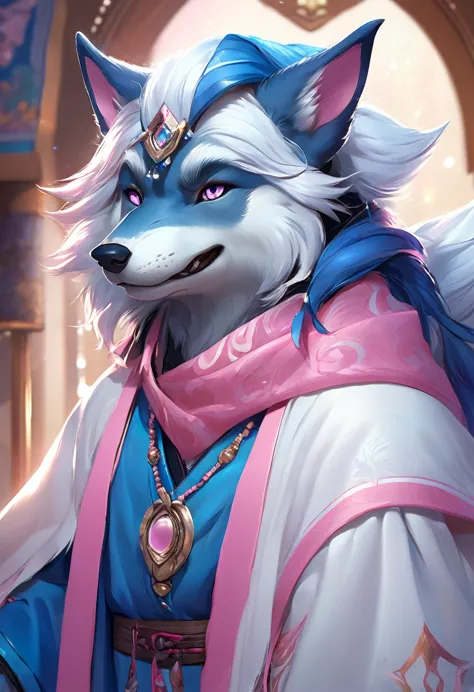 (masterpiece:1.4),(best quality:1.4),((Detailed facial features)),Wolf，male，Mage Clothing，robe，Blue and white fur，Glasses，Orcs，O...