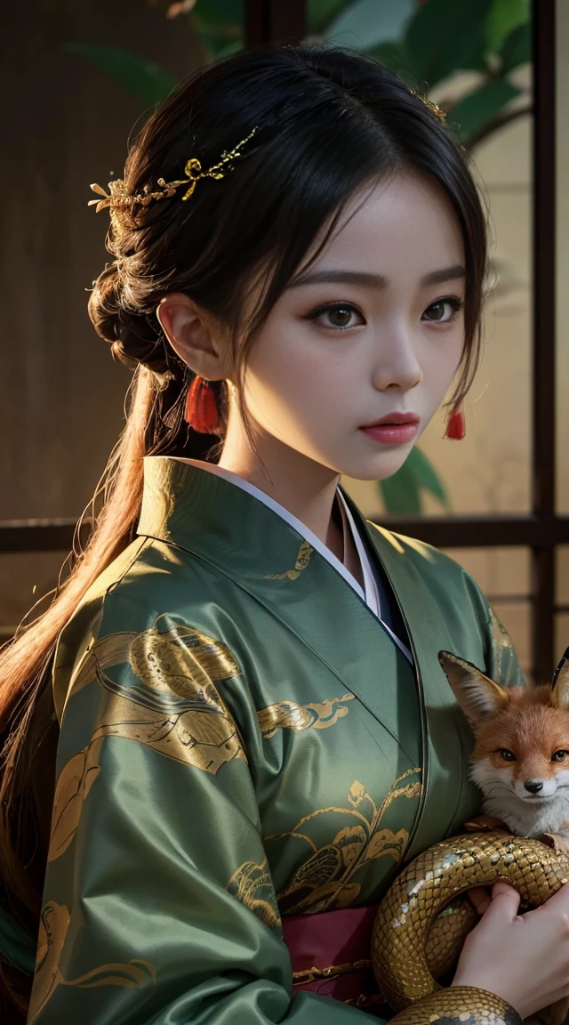 A woman wearing a kimono and holding a snake, 20-year-old,Portrait of a Dragon Girl, Inspired by Chen Yifei, Snake Woman, Portrait Shot, Jinnah Chan, Cinematic. Ren Jun, Chinese women, Many snakes like her hair, Asian Woman, Serpent Queen, Beautiful fox woman, closeup Portrait Shot, Beautiful oriental woman