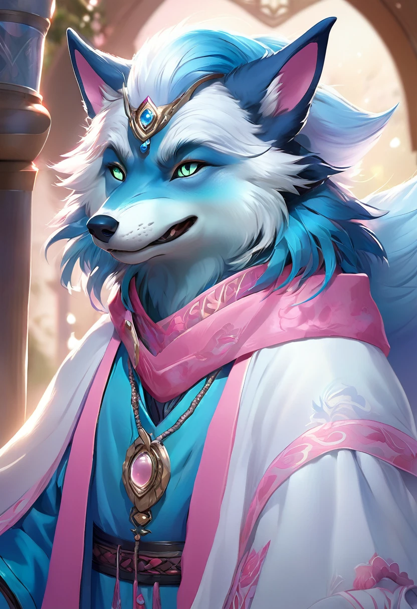 (masterpiece:1.4),(best quality:1.4),((Detailed facial features)),Wolf，male，Mage Clothing，robe，Blue and white fur，Glasses，Orcs，Orcs脸，delicate and pretty，Wolf脸，cute，Young，Introvert，精灵Wolf，Facial details，happy，Smile，Pink white ears，Light blue bangs，Dark blue ears，Pink and white inside of the ear，Young，Blue-green pupils