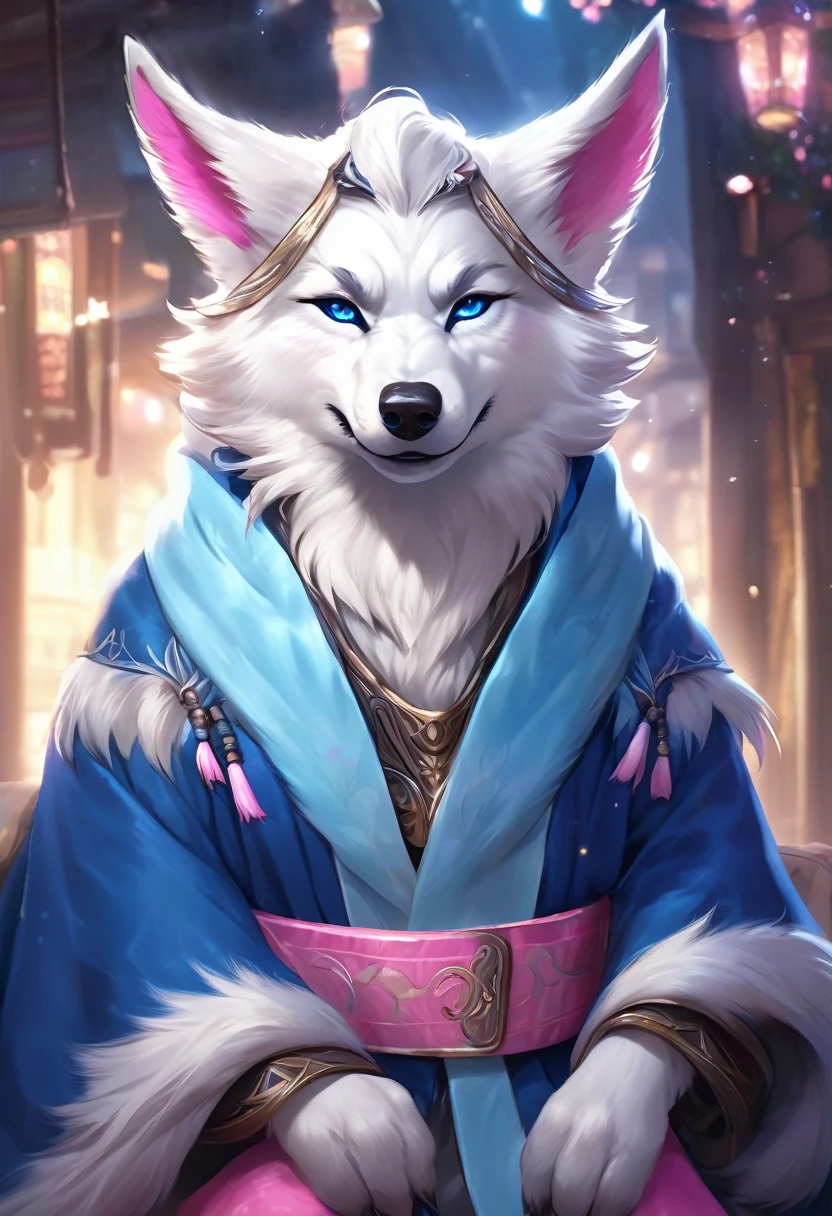 (masterpiece:1.4),(best quality:1.4),((Detailed facial features)),Wolf，male，Mage Clothing，robe，Blue and white fur，Glasses，Orcs，Orcs脸，delicate and pretty，Wolf脸，cute，Young，Introvert，精灵Wolf，Facial details，happy，Smile，Pink white ears，Light blue bangs，Dark blue ears，Pink and white inside of the ear，White face