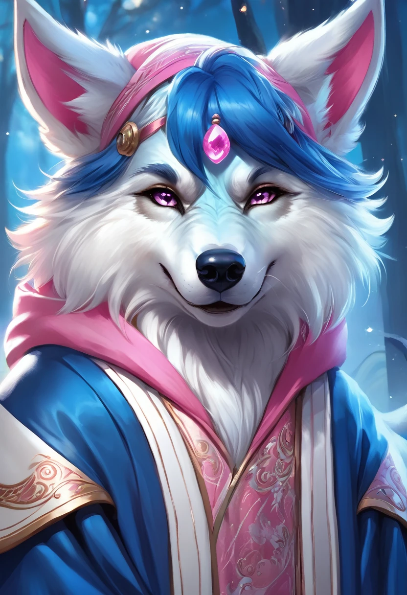 (masterpiece:1.4),(best quality:1.4),((Detailed facial features)),Wolf，male，Mage Clothing，robe，Blue and white fur，Glasses，Orcs，Orcs脸，delicate and pretty，Wolf脸，cute，Young，Introvert，精灵Wolf，Facial details，happy，Smile，Pink white ears，Light blue bangs，Dark blue ears，Pink and white inside of the ear，White face