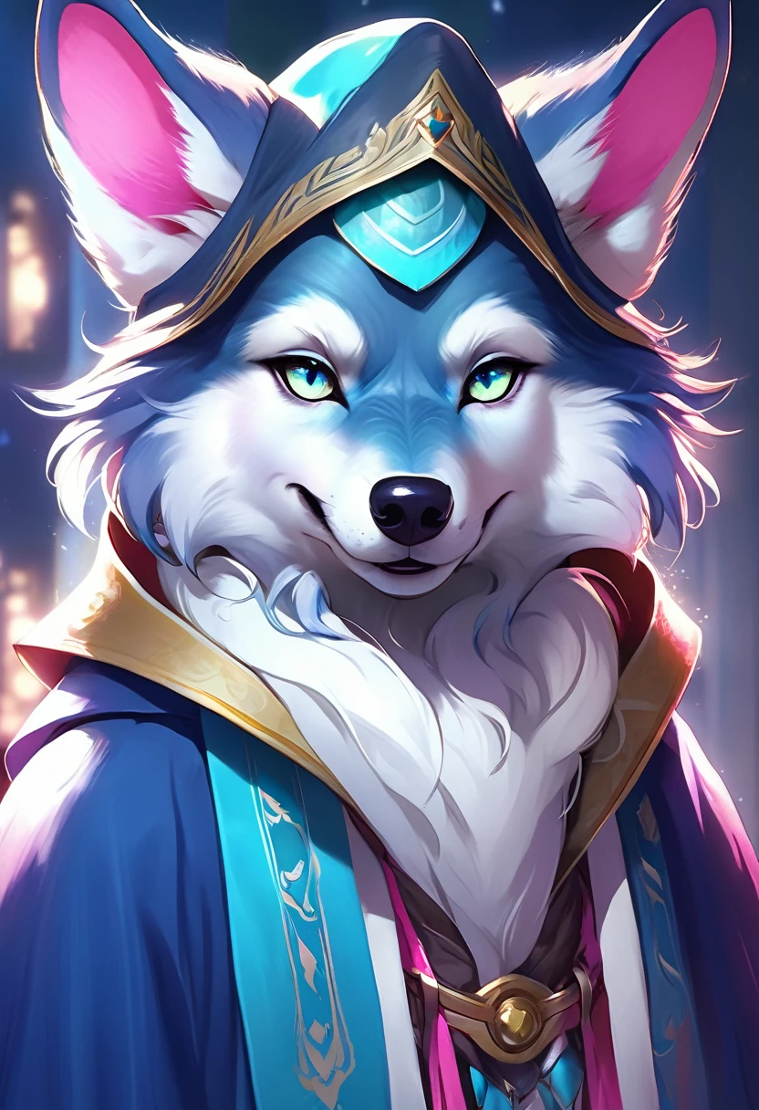 (masterpiece:1.4),(best quality:1.4),((Detailed facial features)),Wolf，male，Mage Clothing，robe，Blue and white fur，Glasses，Orcs，Orcs脸，delicate and pretty，Wolf脸，cute，Young，Introvert，精灵Wolf，Facial details，happy，Smile，Pink white ears，Light blue bangs，Dark blue ears，Pink and white inside of the ear，Young，Blue-green pupils，White face