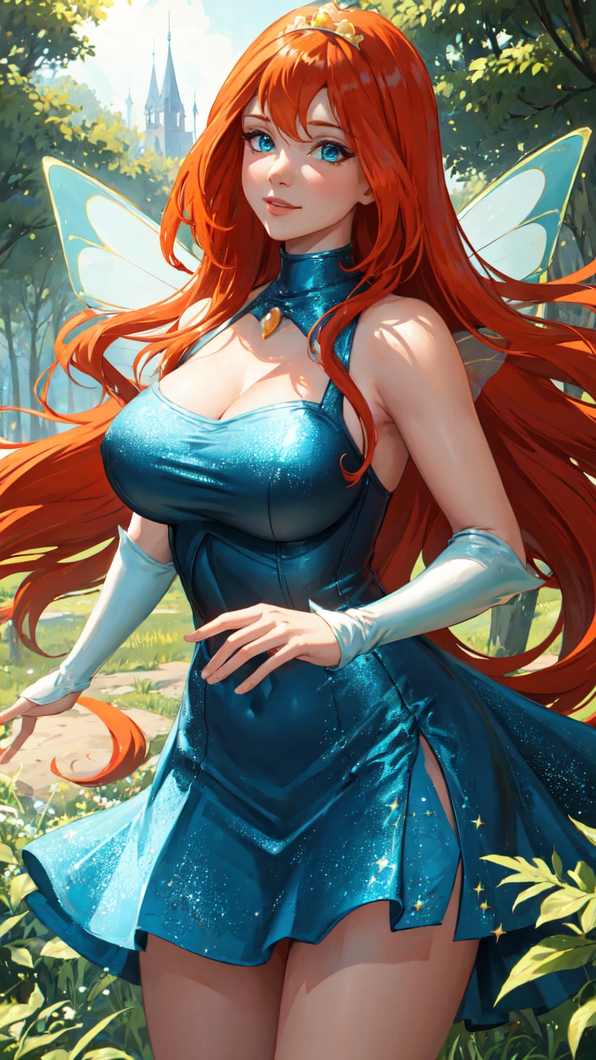 masterpiece, best quality, ultra-detailed, Bloom, tall, thick, orange hair, blue eyes, bangs, long hair, fairy outfit, blue corset, sleeveless, blue skirt, sparkling clothing, fairy wings, tiara, standing, smile, in the forest, cowboy shot, realistic, volumetric lighting, intricate details, tonemapping, sharp focus, hyper detailed, Hot cleavage, Big breasts, 