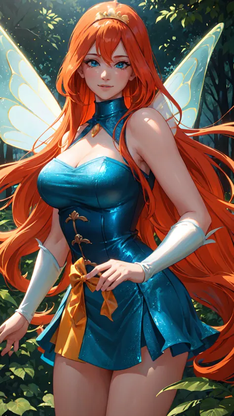 masterpiece, best quality, ultra-detailed, Bloom, tall, thick, orange hair, blue eyes, bangs, long hair, fairy outfit, blue cors...
