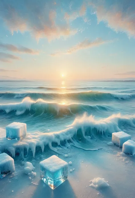 an oil painting：(((sunrise，ocean，horizon，peaceful)))，(ice cubes里的红色玫瑰)，ice cubes，frozen rose，refracted light