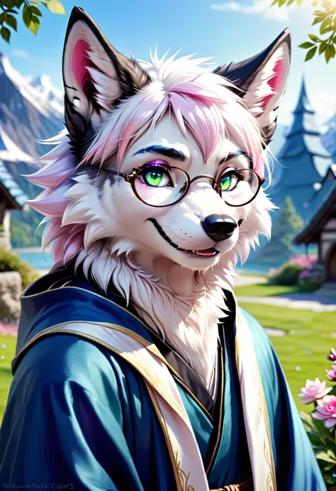 (masterpiece:1.4),(best quality:1.4),((detailed facial features)),wolf，male，mage clothing，robe，blue and white fur，glasses，orcs，o...