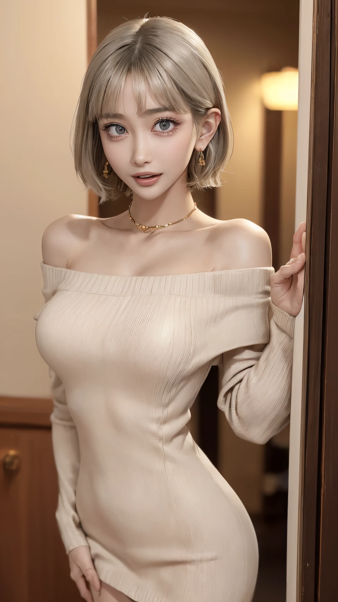 (masterpiece, highest quality, highest quality, Official Art, Beautiful and aesthetic:1.2, Cinematic lighting、Key light at 45 degrees from the front, Fill Light、Soft backlight), 


Beautiful Face、Perfect round ass、The body is slim、Fit and body、Pale skin、Shiny, bright eyes、Long eyelashes、Glossy face、Pervert woman、Beautiful mature woman, 
(Oily skin、Glowing Skin、Realistic skin texture、Beautiful skin in every detail、Shiny skin),

A 23-year-old 、(Cute:1.5)、
 ((Open your mouth:1.2))、masterpiece,highest quality,High resolution,Very detailed,skinny,,((Captivating smile ))、(Pixie short hair、gold & Blue hair), Choker,Many piercings,Big cleavage、(Light-colored off-the-shoulder tight sweater dress:1.5)、,Race,(( Perfect Fingers )) ,  indoor,(Open the front door 1.2),((sexy Gestures:1.5, A flirtatious, sexy face、A sweet, ecstatic face:1.5, Open your mouth and look at me))、Heavy breathing , (Lip gloss, eyelash, terrible face, highest quality, Ultra-high resolution, Wide Lighting, Natural Shading), Absolute area、

Accurate 5-finger、Accurate human body、The perfect human body、The most beautiful face, true to the human body、Correct five-finger、The perfect human body、Someone knowledgeable、Highly detailed face and skin texture、Natural neck length、(beautiful Hands)、beautiful, Slender legs、Straighten two legs、Straighten two arms、(AHEGAO face:1.8, steam:1.2, sweat, Vulgarity:1.3),(((Big Breasts:1.2)))