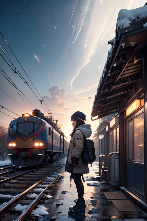 (Scenery before dawn:1.５)、Snow-covered station platform in a rural town、Diesel trains、Extending railway line、winter、Faint starry sky、People waiting for a train、Photorealistic、Photorealistic:1.37、Highest quality、4K、8K、High resolution、masterpiece:1.2、Super detailed、HDR、uhd、Studio Lighting、Ultra-fine painting、Sharp Focus、Physically Based Rendering、Extremely detailed depiction、professional、Bright colors、Bokeh、wtrcolor style