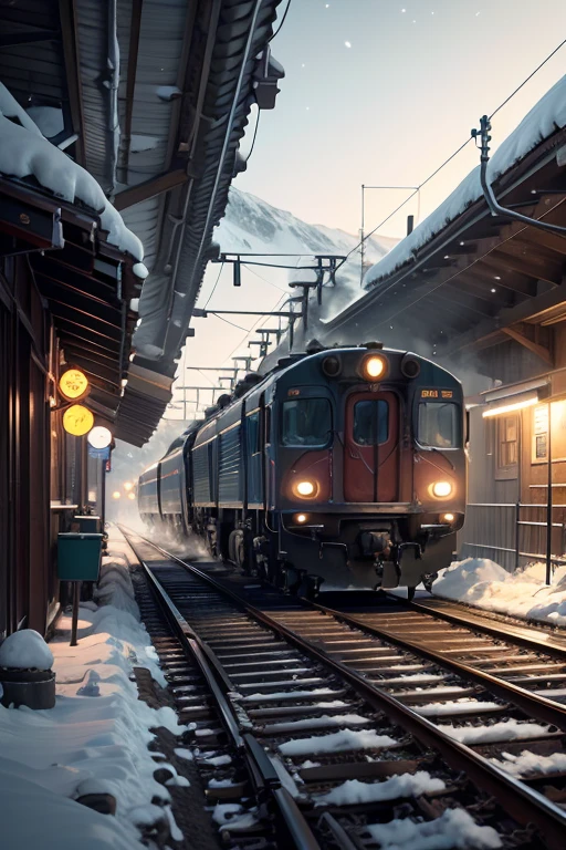 (Scenery before dawn:1.５)、Snow-covered station platform in a rural town、Diesel trains、Extending railway line、winter、Faint starry sky、People waiting for a train、Photorealistic、Photorealistic:1.37、Highest quality、4K、8K、High resolution、masterpiece:1.2、Super detailed、HDR、uhd、Studio Lighting、Ultra-fine painting、Sharp Focus、Physically Based Rendering、Extremely detailed depiction、professional、Bright colors、Bokeh、wtrcolor style