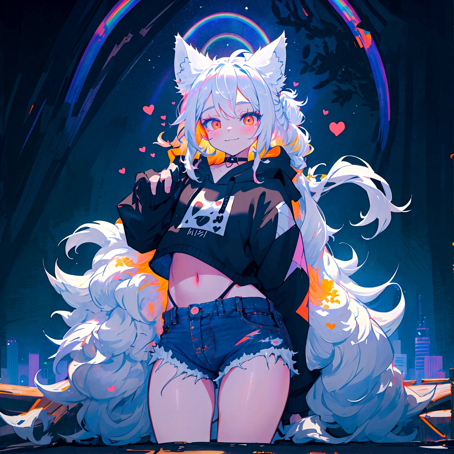 a cute adult male with wolf ears, long white hair, long locks, has a wolf tail, wearing a loose cropped black hoodie, wearing a pair of denim short shorts and fishnet stockings, thick thighs, wide hips, relaxing on mound of fluffy multi colored kawaii plushies, short, very slim, showing slender tummy, heart on hoodie, squishy thighs, has glowing blue eyes. alone, solo (ALONE)(SOLO), surrounded by rainbows, colorful galaxy backround, smiling, stretching out