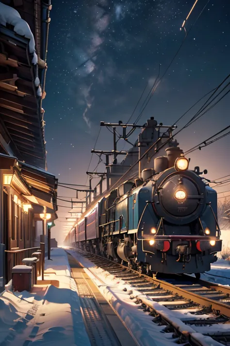 (Scenery before dawn:1.５)、Snow-covered station platform in a rural town、Diesel trains、Extending railway line、winter、Faint starry...