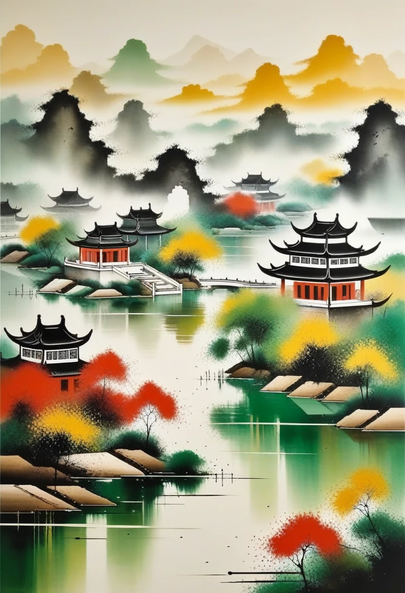 客廳裝飾畫：幾何抽像水墨，描述江南園林建築群，Wu Guanzhong&#39;風格是中國傳統水墨技法與西方繪畫理念結合的藝術表現形式... 它的特點是對傳統主題的現代詮釋.., 透過色彩和線條創造獨特的視覺效果..