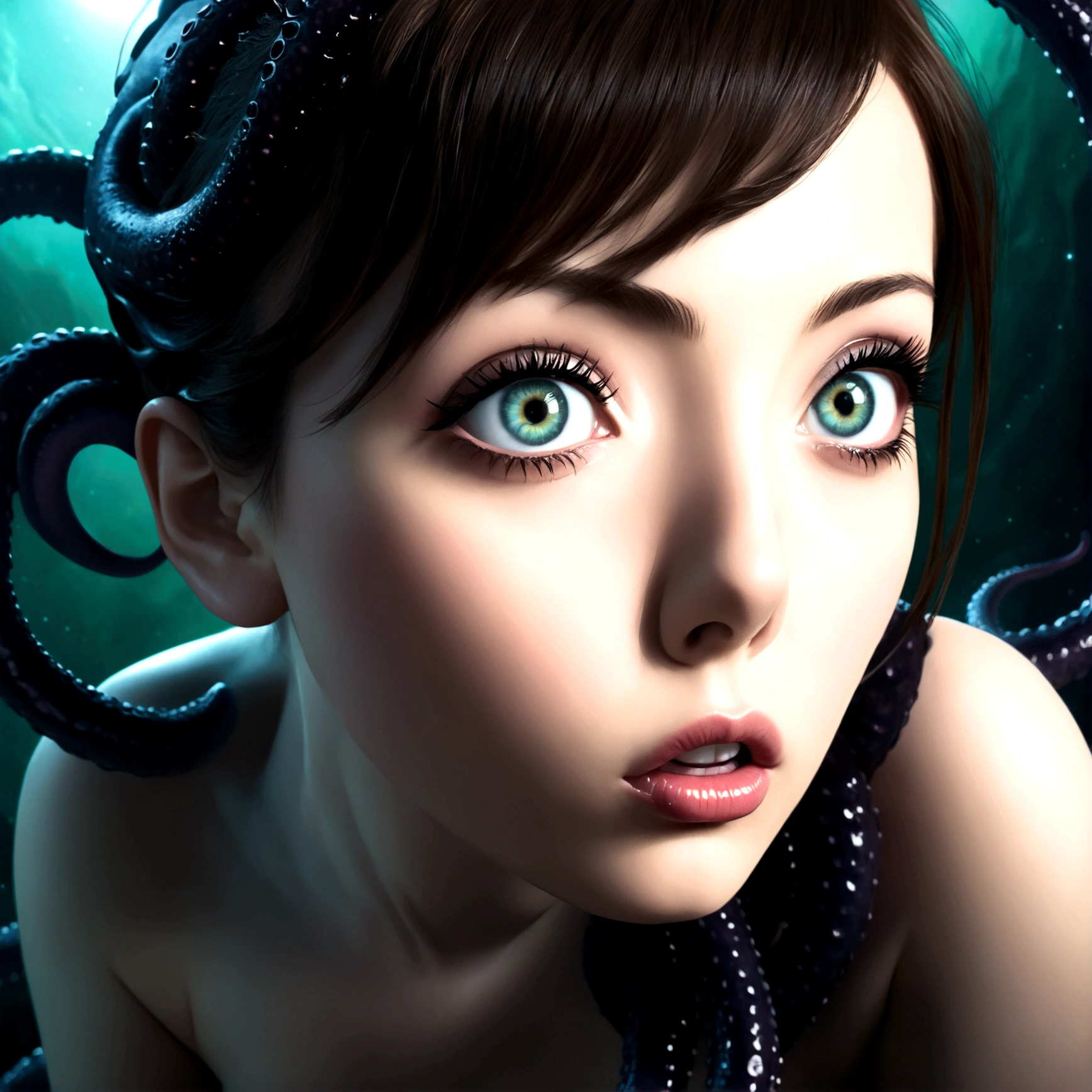 a beautiful detailed girl with extremely detailed eyes and face, long eyelashes, beautiful detailed lips, nude, extreme orgasm, abducted by tentacle aliens, extreme tentacle sex, alien ship, hyper detailed, high quality, 8k, ultra realistic, photo realistic, cinematic lighting, dramatic colors, intricate details, masterpiece