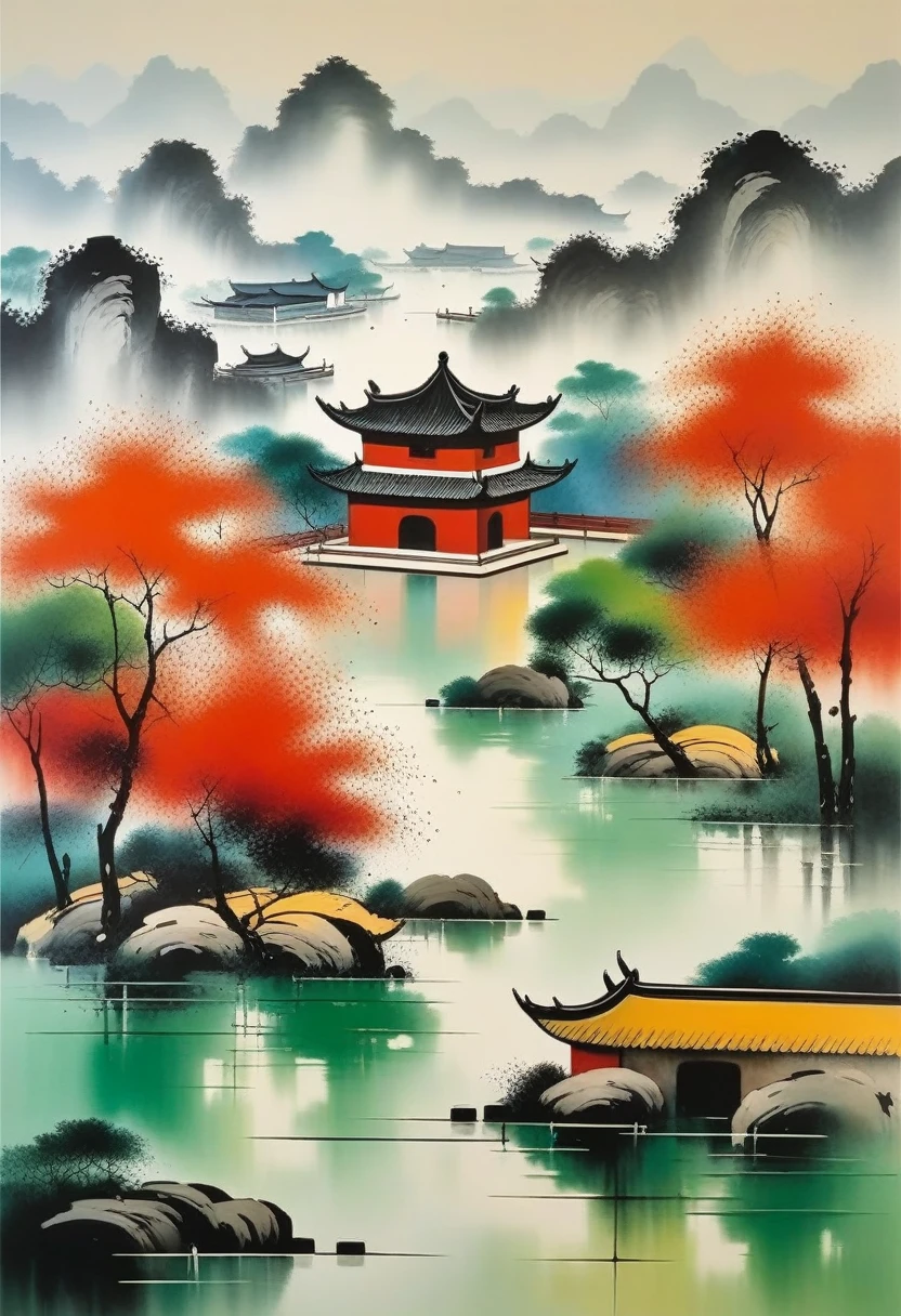 peinture décorative dans le salon：Encre abstraite géométrique，Décrire le complexe d&#39;architecture paysagère de Jiangnan，Wu Guanzhong&#39;Le style de S est une expression artistique qui combine les techniques traditionnelles de l&#39;encre chinoise avec les concepts de peinture occidentale.... Il se caractérise par une interprétation moderne d&#39;un thème traditionnel.., Crée des effets visuels uniques grâce à la couleur et aux lignes..