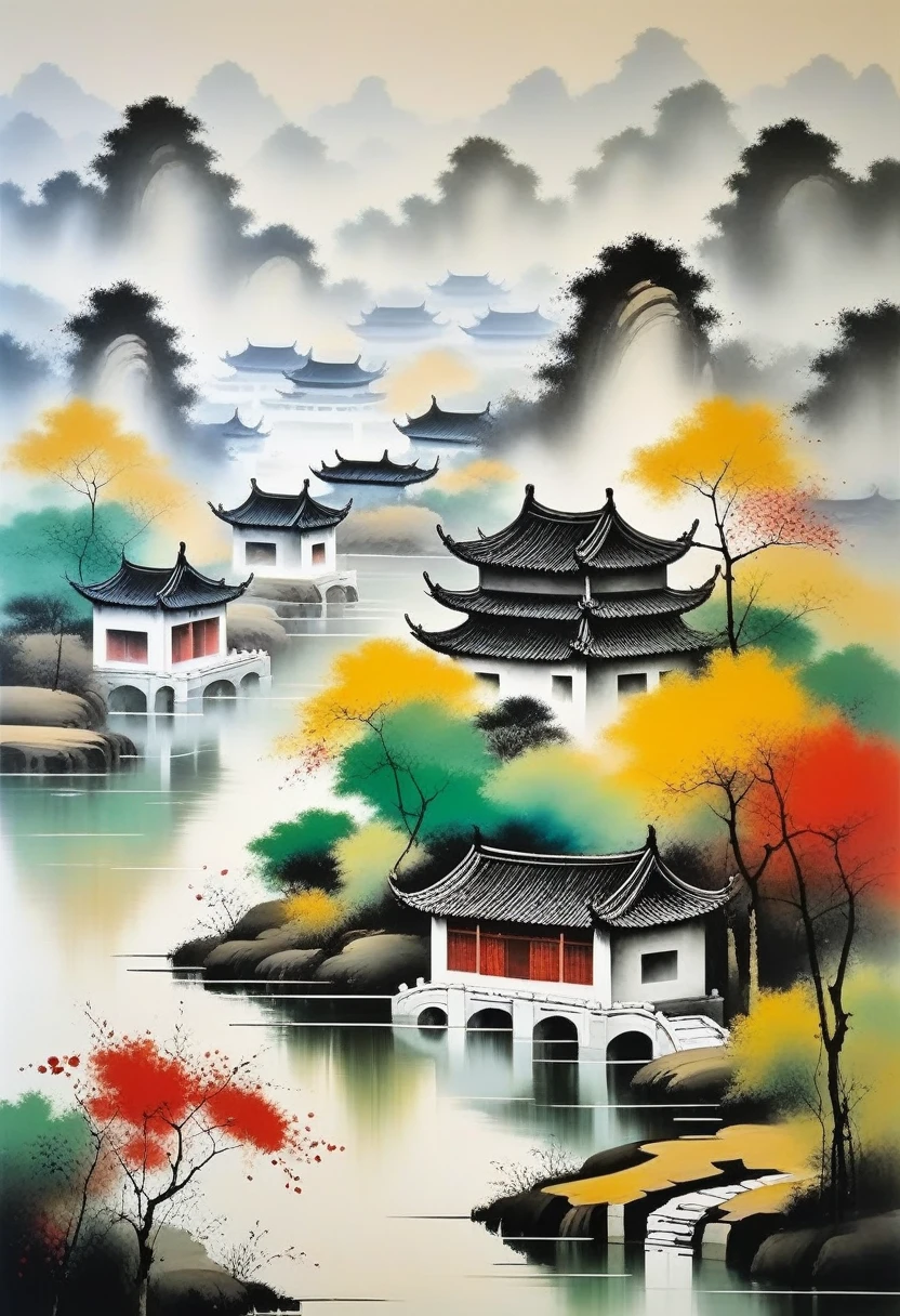 decorative painting in living room：geometric abstract ink，Describe Jiangnan Landscape Architecture Complex，Wu Guanzhong&#39;s style is an artistic expression that combines traditional Chinese ink techniques with Western painting concepts... It is characterized by a modern interpretation of a traditional theme.., Creates unique visual effects through color and lines..