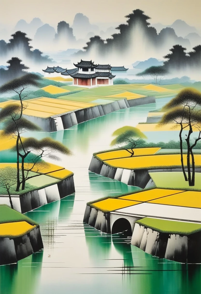 pintura decorativa en salón：Tinta abstracta geométrica，Describir el complejo de arquitectura paisajística de Jiangnan，Wu Guanzhong&#39;El estilo de s es una expresión artística que combina técnicas tradicionales de tinta china con conceptos de pintura occidental.... Se caracteriza por una interpretación moderna de un tema tradicional..., Crea efectos visuales únicos a través de colores y líneas...