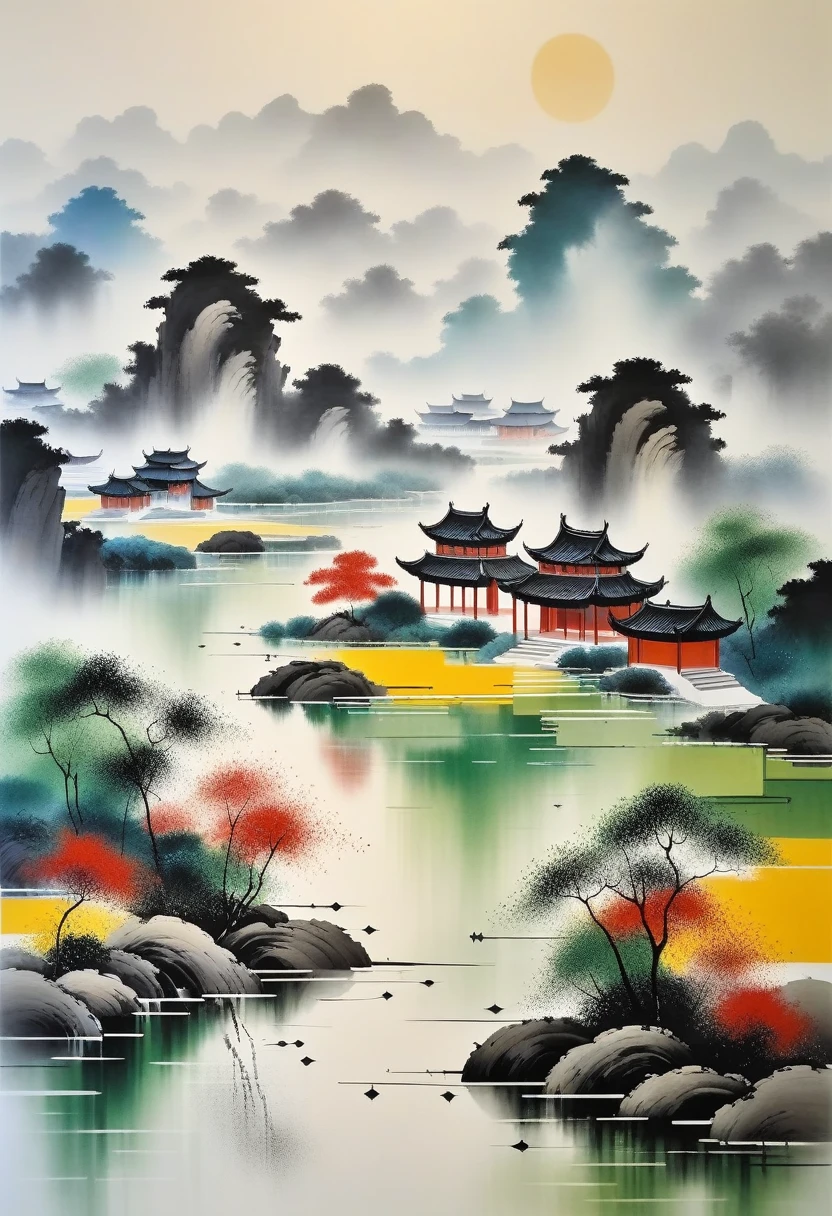 客廳裝飾畫：幾何抽像水墨，描述江南園林建築群，Wu Guanzhong&#39;風格是中國傳統水墨技法與西方繪畫理念結合的藝術表現形式... 它的特點是對傳統主題的現代詮釋.., 透過色彩和線條創造獨特的視覺效果..