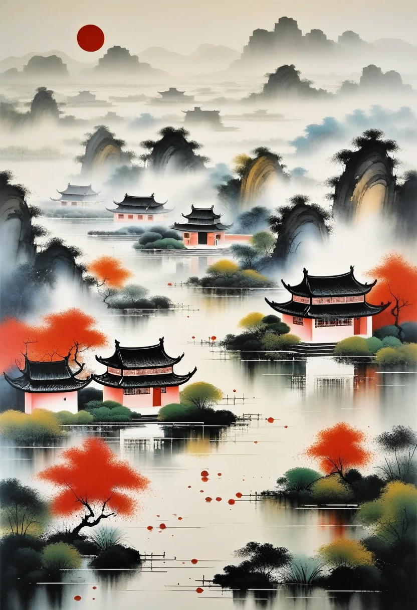 peinture décorative dans le salon：Encre abstraite géométrique，Décrire le complexe d&#39;architecture paysagère de Jiangnan，Wu Guanzhong&#39;Le style de S est une expression artistique qui combine les techniques traditionnelles de l&#39;encre chinoise avec les concepts de peinture occidentale.... Il se caractérise par une interprétation moderne d&#39;un thème traditionnel.., Crée des effets visuels uniques grâce à la couleur et aux lignes..