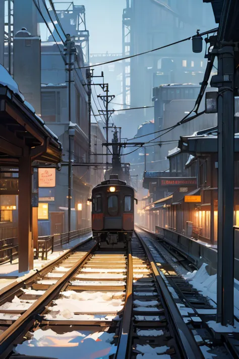 (Scenery before dawn:1.５)、Snow-covered station platform in a rural town、Diesel trains、Extending railway line、winter、Faint starry...