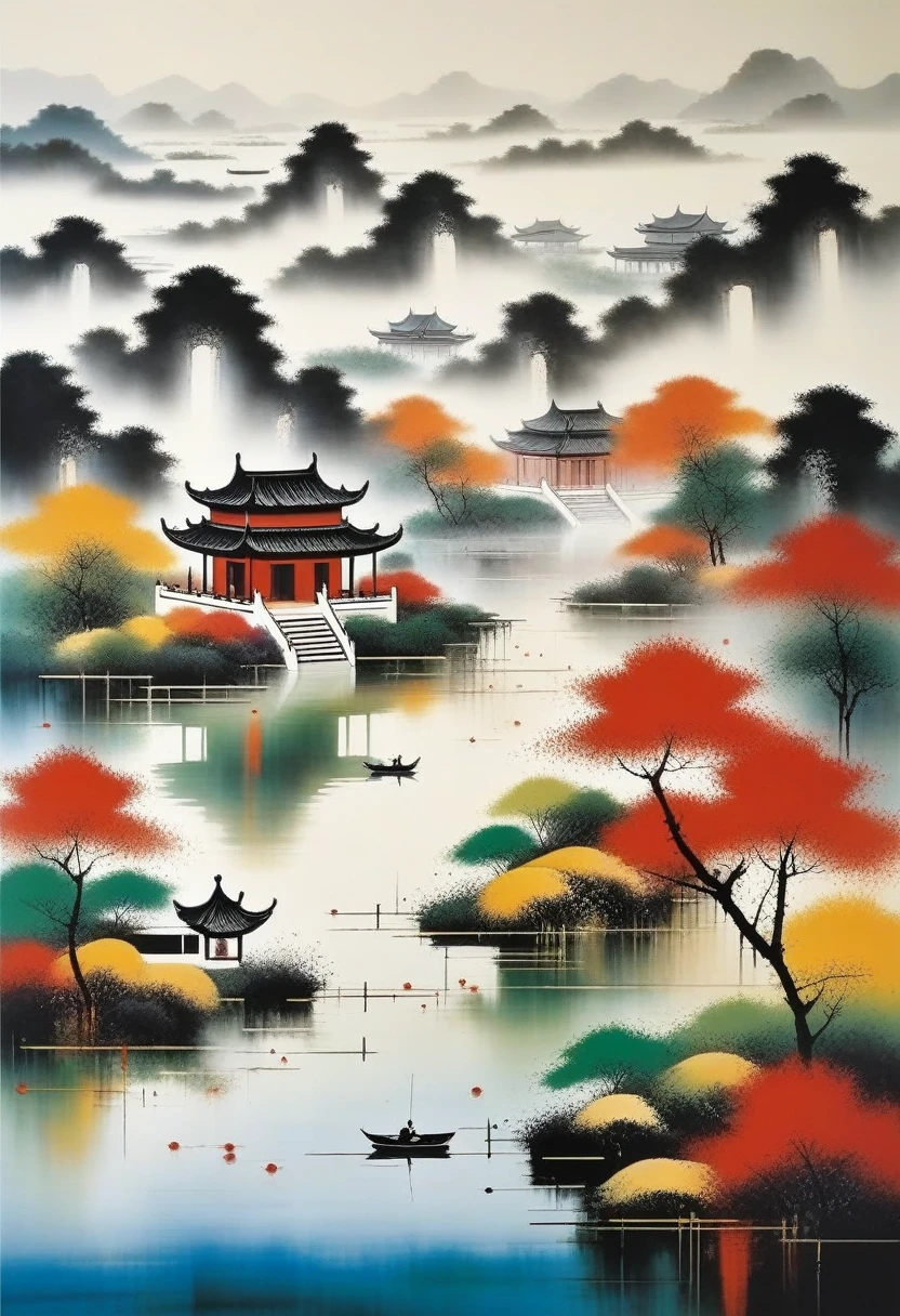 pintura decorativa na sala：Tinta abstrata geométrica，Descrever o complexo de arquitetura paisagística de Jiangnan，Wu Guanzhong&#39;Seu estilo é uma expressão artística que combina técnicas tradicionais de tinta chinesa com conceitos de pintura ocidental... Caracteriza-se por uma interpretação moderna de um tema tradicional.., Cria efeitos visuais únicos através de cores e linhas..