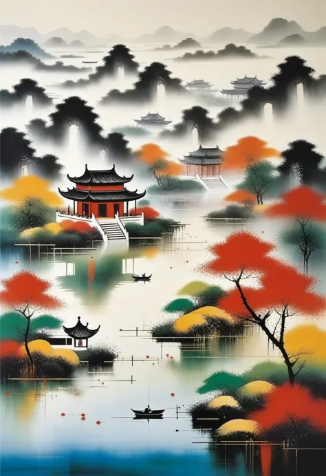 decorative painting in living room：geometric abstract ink，Describe Jiangnan Landscape Architecture Complex，Wu Guanzhong&#39;s st...
