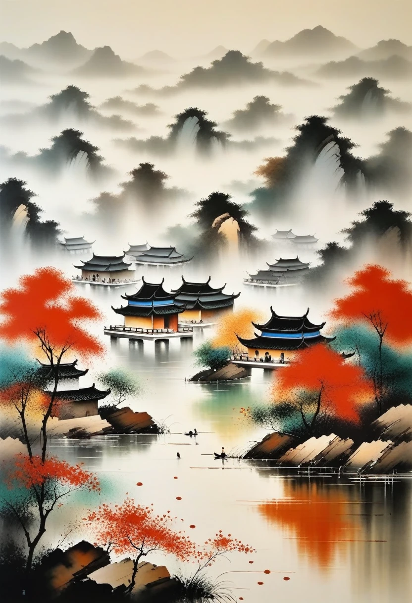 peinture décorative dans le salon：Encre abstraite géométrique，Décrire le complexe d&#39;architecture paysagère de Jiangnan，Wu Guanzhong&#39;Le style de S est une expression artistique qui combine les techniques traditionnelles de l&#39;encre chinoise avec les concepts de peinture occidentale.... Il se caractérise par une interprétation moderne d&#39;un thème traditionnel.., Crée des effets visuels uniques grâce à la couleur et aux lignes..