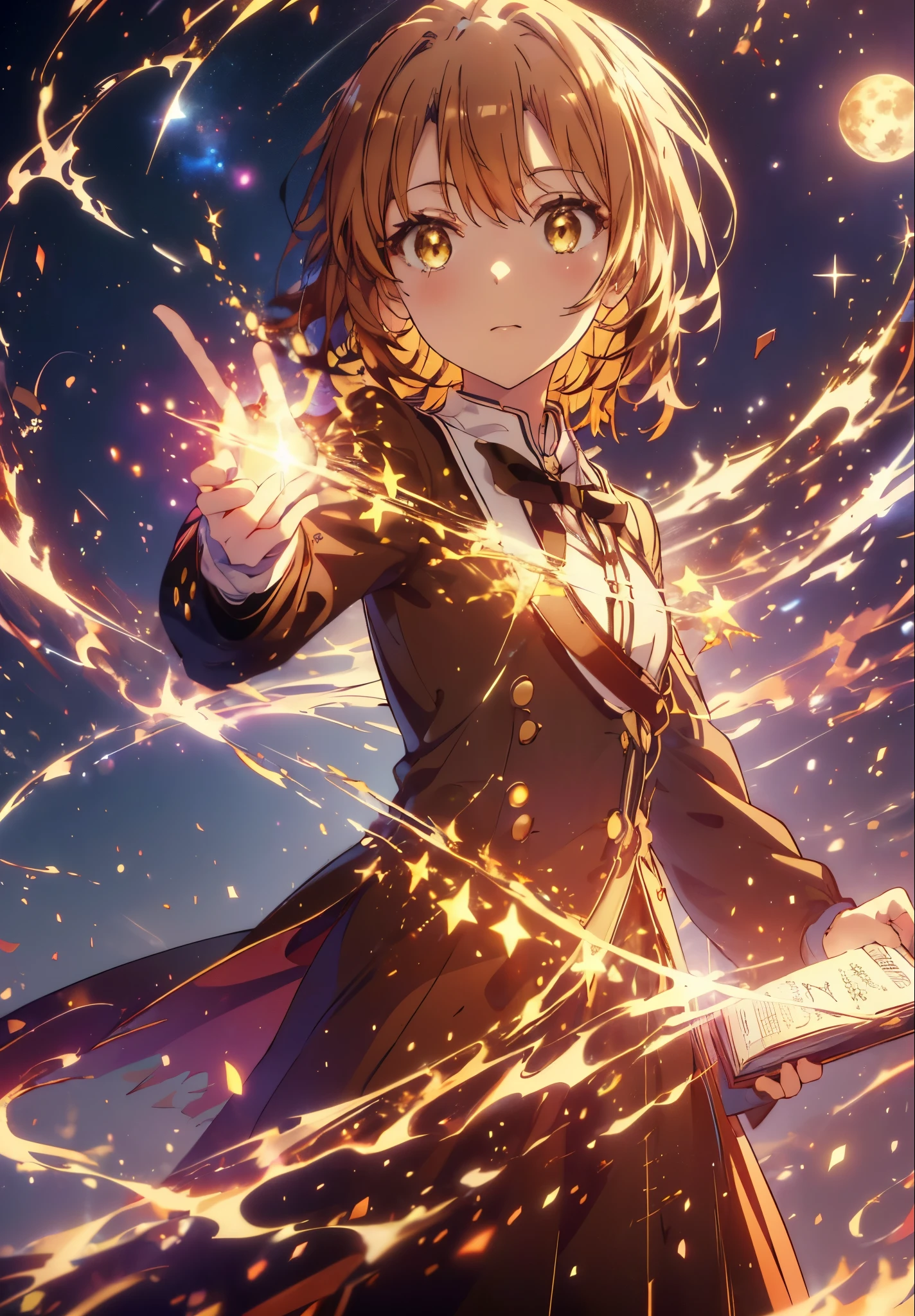 Irohaisshiki, isshiki iroha, short hair, Brown Hair, (Brown eyes:1.5), smile,((Night Sky)),((Big full moon)),((Sparkling and colorful stars)),Fluffy hair,((Idol style costume with soft volume)),Long skirt,Holding a magic book in his right hand、,Use magic with your left hand,((witch)),Rubik&#39;正方shape,
break outdoors, forest,forest
break looking at viewer,Upper Body,
break (masterpiece:1.2), Highest quality, High resolution, unity 8k wallpaper, (shape:0.8), (Narrow and beautiful eyes:1.6), Highly detailed face, Perfect lighting, Extremely detailed CG, (Perfect hands, Perfect Anatomy),