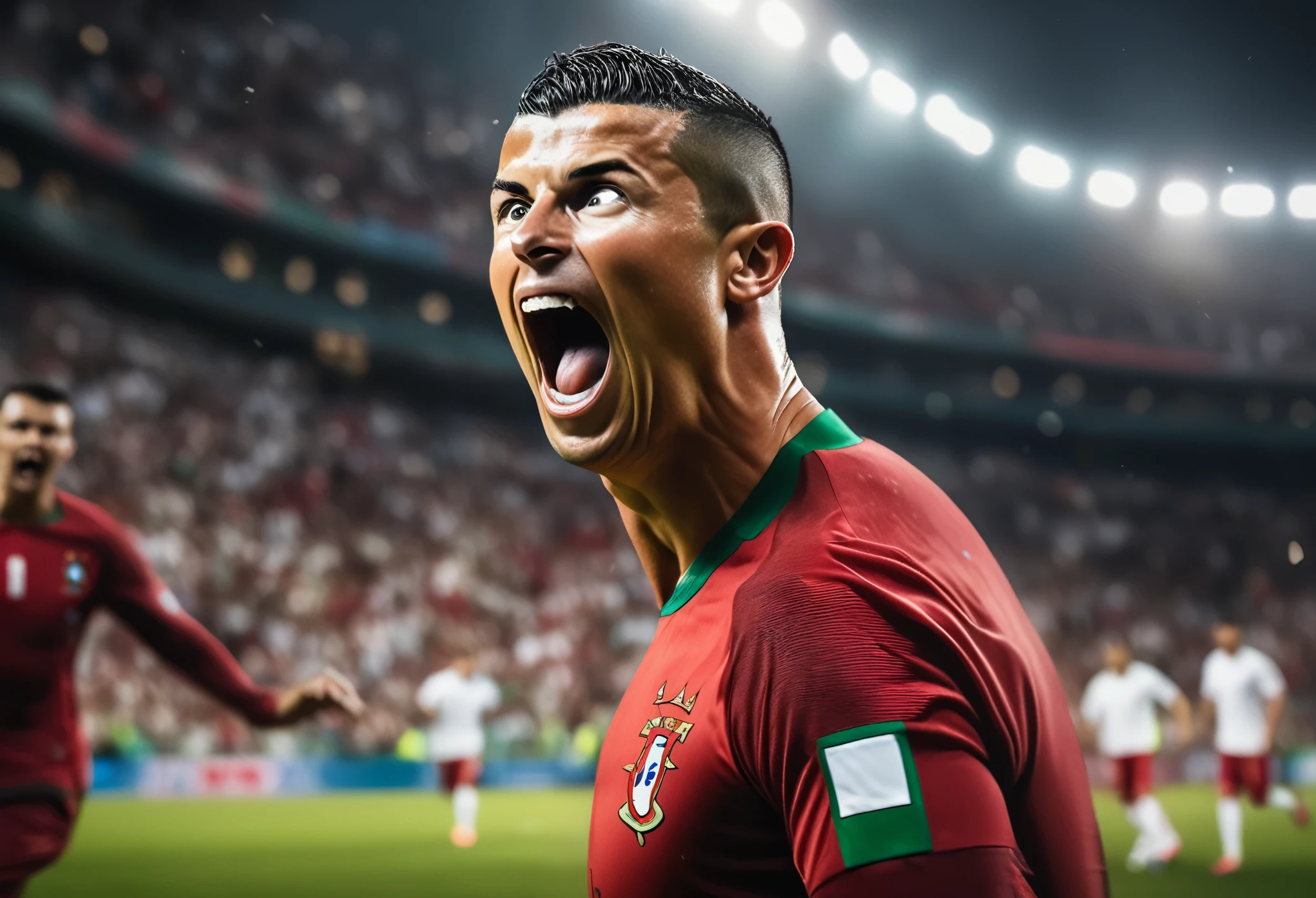 Cinematic portrait photo of Ronaldo scoring for Portugal, European football, depth of field, bokeh, sport photography, action-packed moment, dynamic, intense competition, thrilling movement, showcasing skill, conveying energy, adrenaline-fueled visuals, immersive experience, storytelling through action, dramatic composition, showcasing passion, capturing decisive moments, vibrant colours, dynamic composition, powerful imagery, engaging perspective, realistic