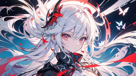 anime character with white hair and red eyes wearing a white cloak, anime original drawings, keqing de genshin impact impact, ge...